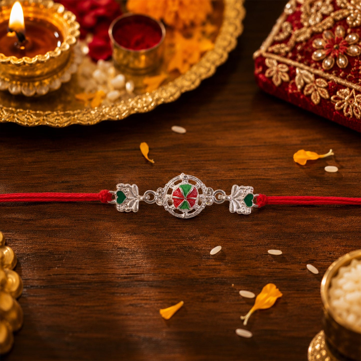 Silver Floral Design Rakhi with Red Thread (1 Pc)