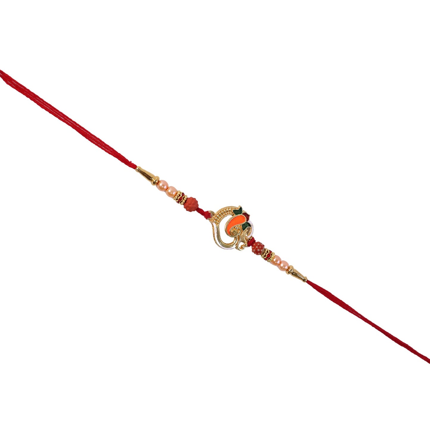 Close-up of Ganesh centerpiece on decorative Rakhi