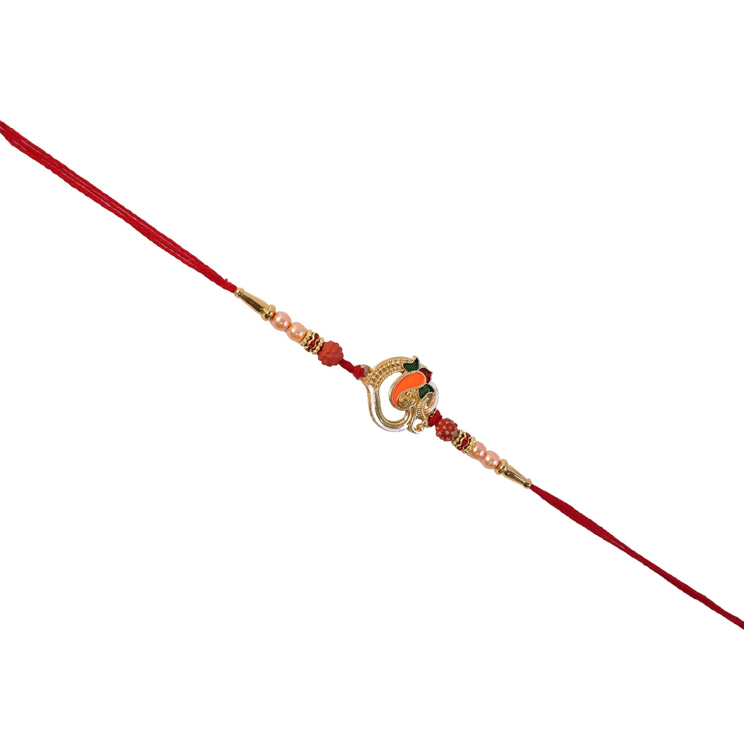 Close-up of Ganesh centerpiece on decorative Rakhi