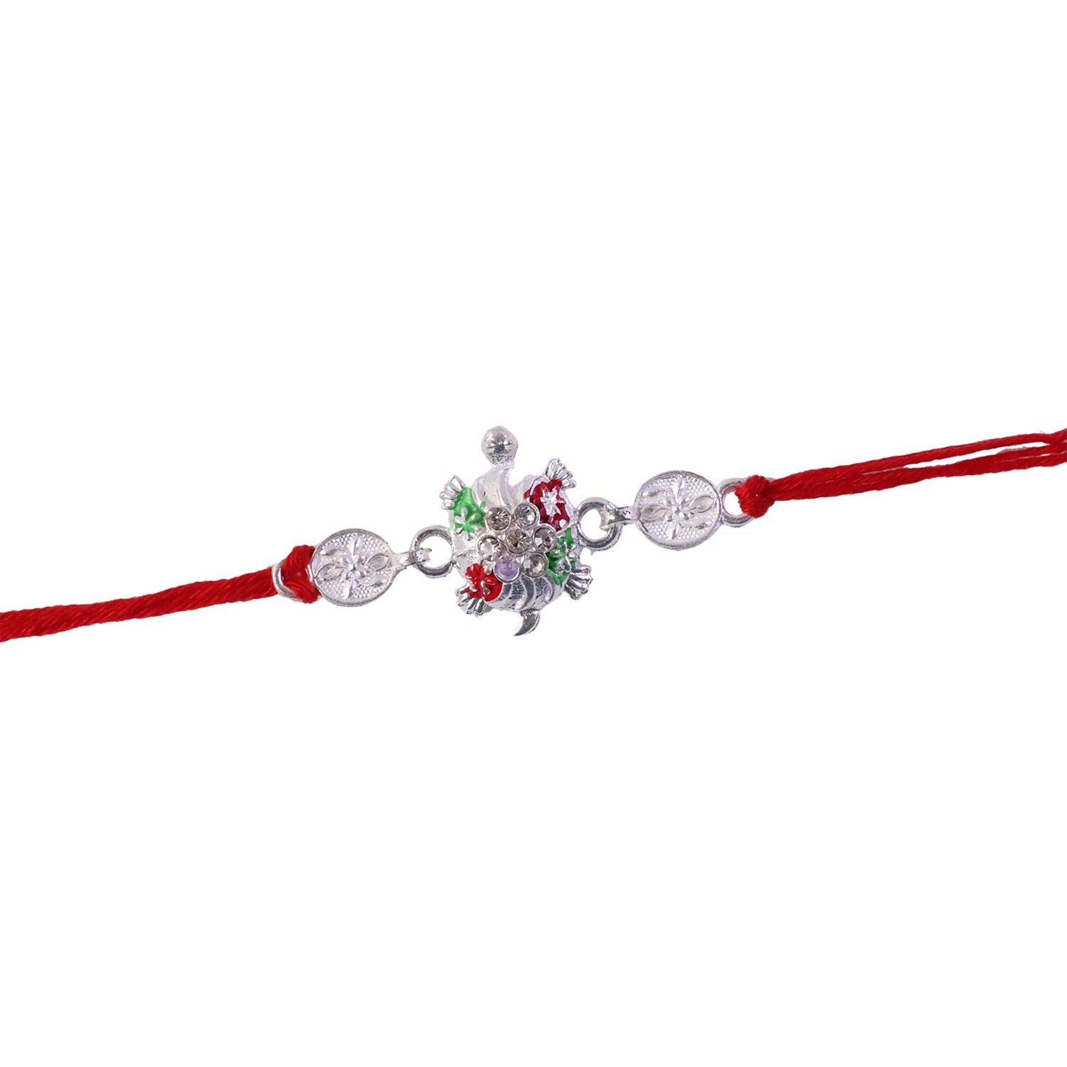 Top view of rakhi showing enamel work and bead details