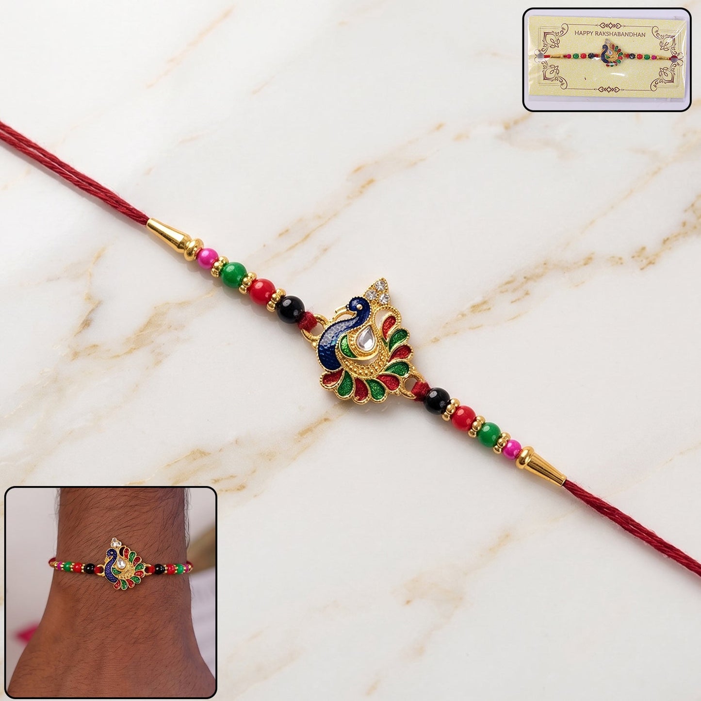 Designer Peacock Rakhi with Multicolor Beads (1 Pc)