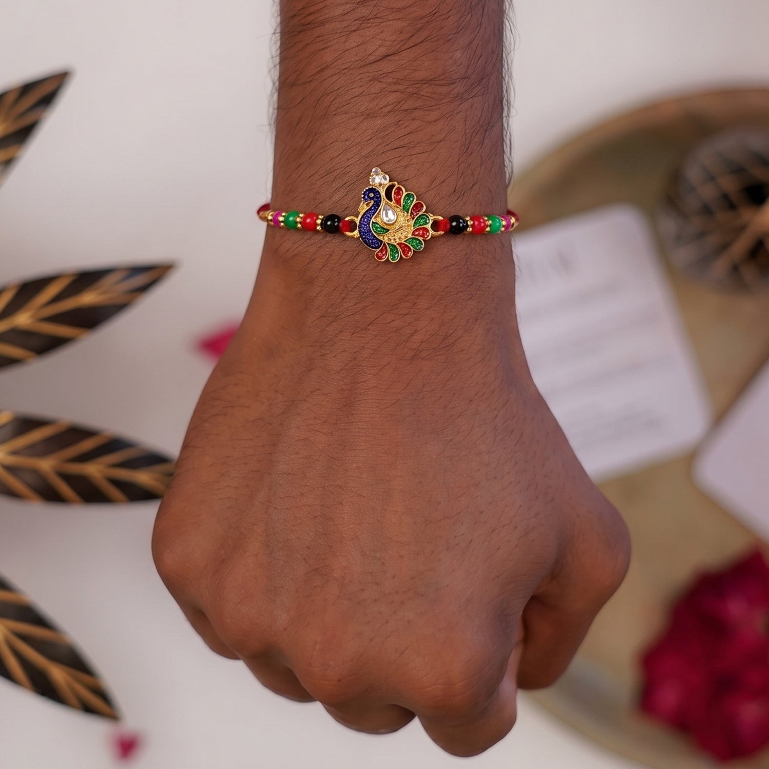 Designer Peacock Rakhi with Multicolor Beads (1 Pc)
