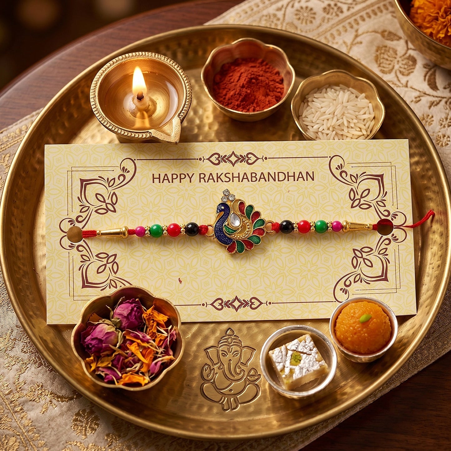 Designer Peacock Rakhi with Multicolor Beads (1 Pc)