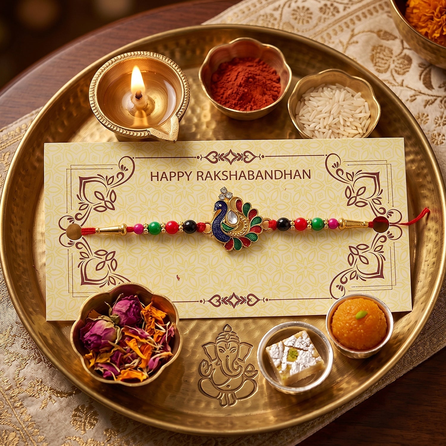 Designer Peacock Rakhi with Multicolor Beads (1 Pc)
