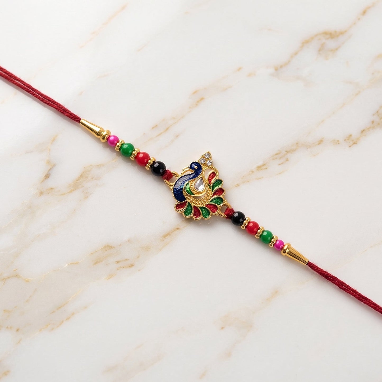 Designer Peacock Rakhi with Multicolor Beads (1 Pc)