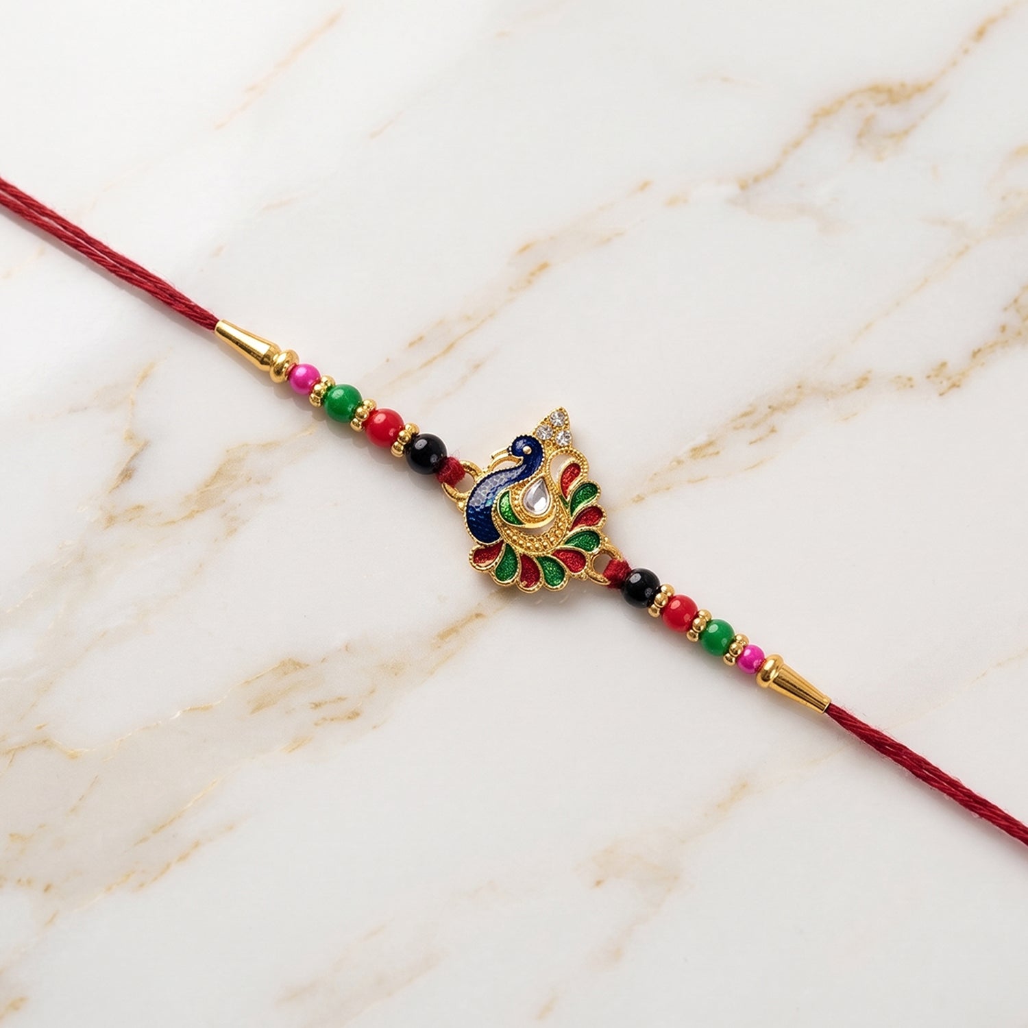 Designer Peacock Rakhi with Multicolor Beads (1 Pc)