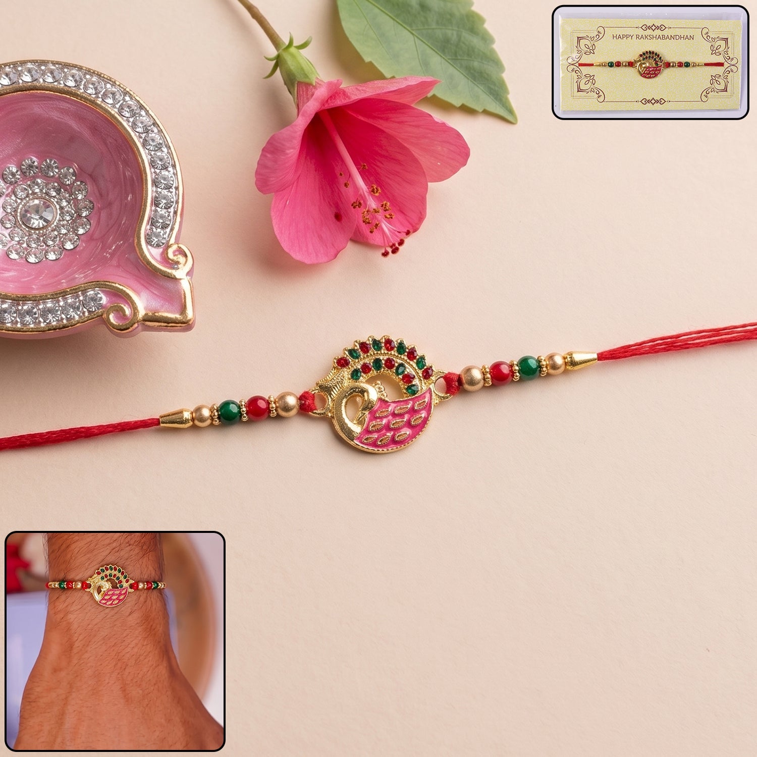 Pink Peacock Design Rakhi with Decorative Beads (1 Pc)