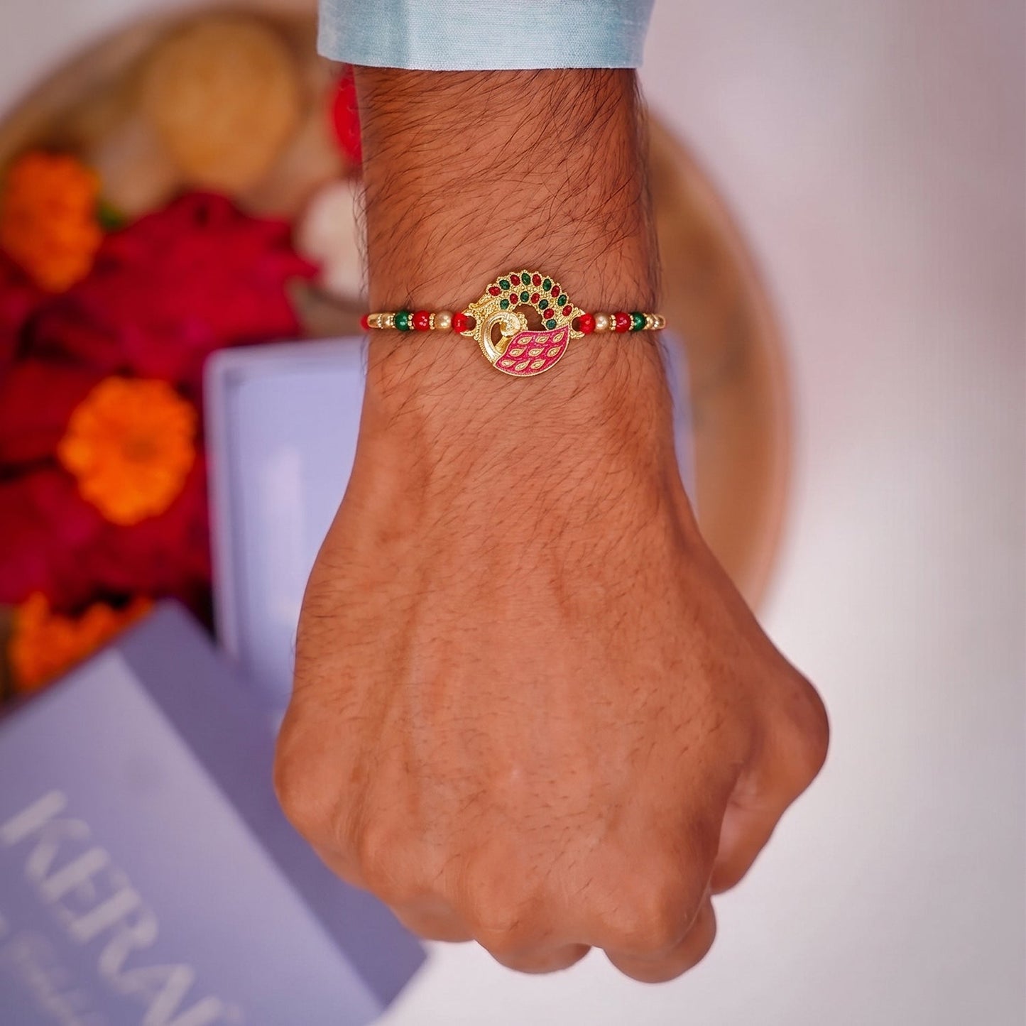 Pink Peacock Design Rakhi with Decorative Beads (1 Pc)