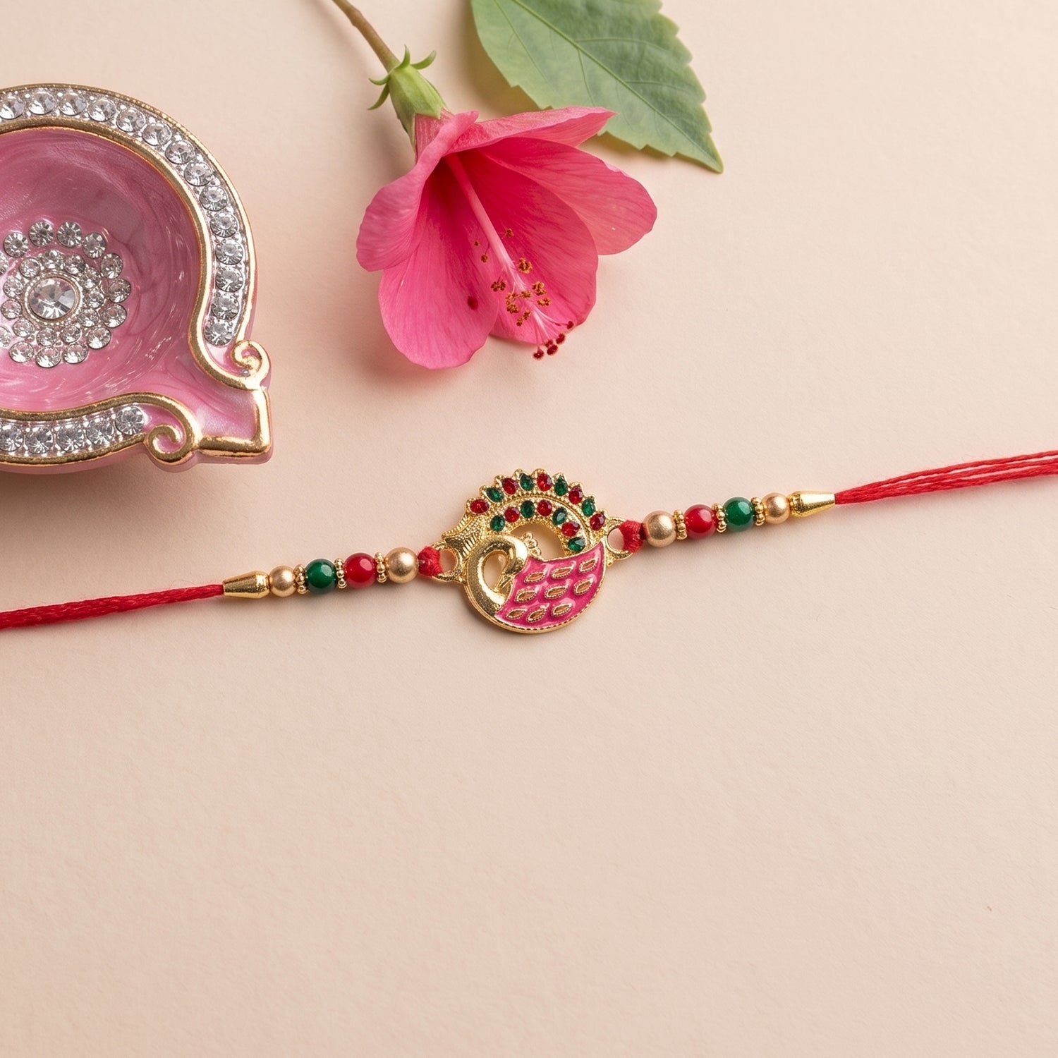Pink Peacock Design Rakhi with Decorative Beads (1 Pc)