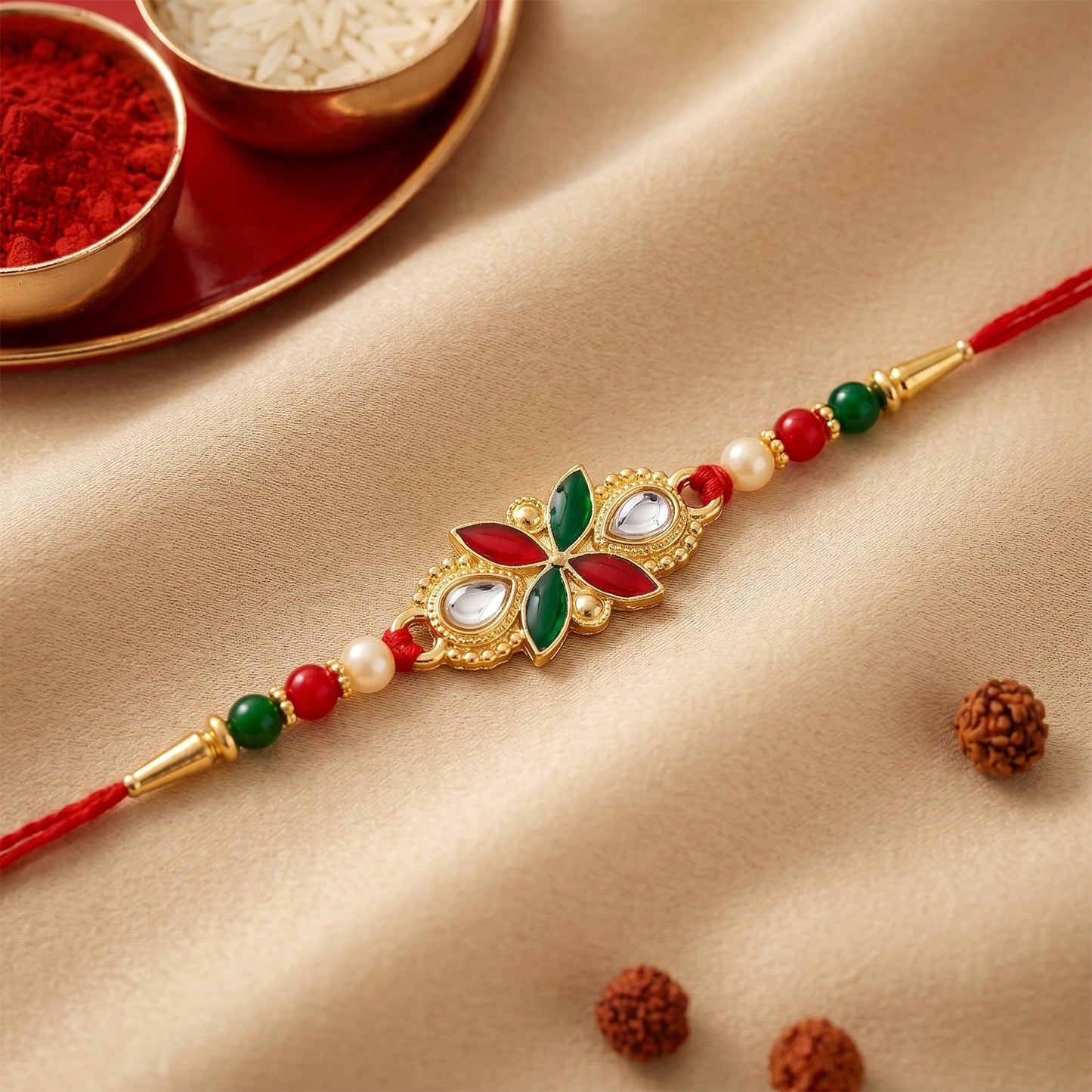 Soft thread detail on Floral Leaf Rakhi