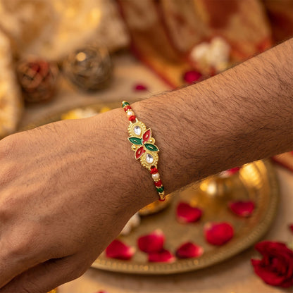 Close-up of colorful beads on Floral Leaf Rakhi