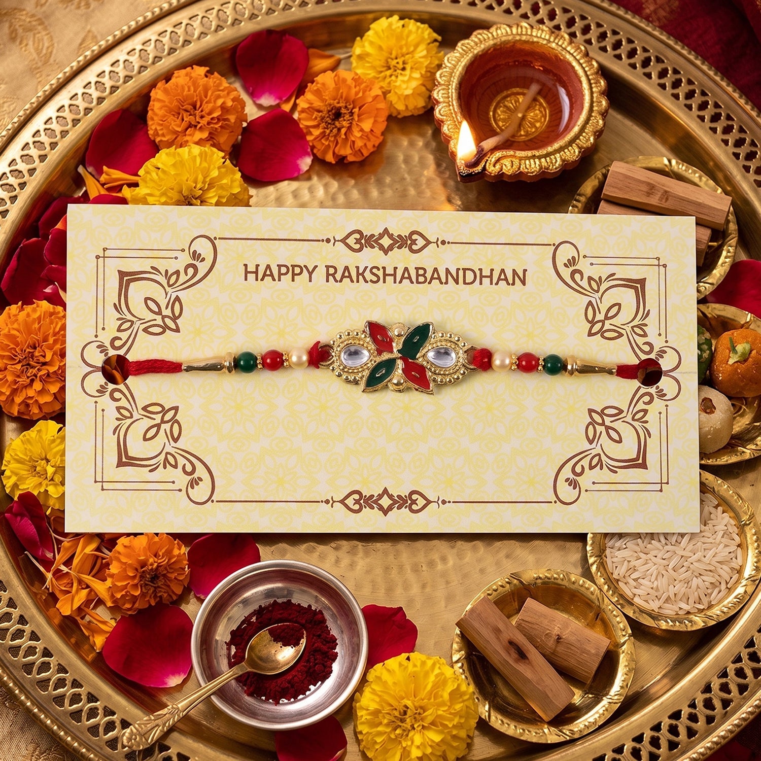 Elegant floral leaf centerpiece of Rakhi