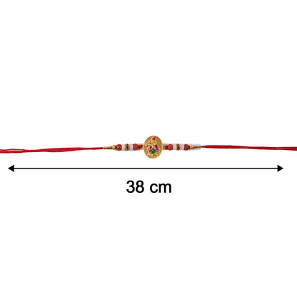 Lord Krishna rakhi displayed flat with soft thread