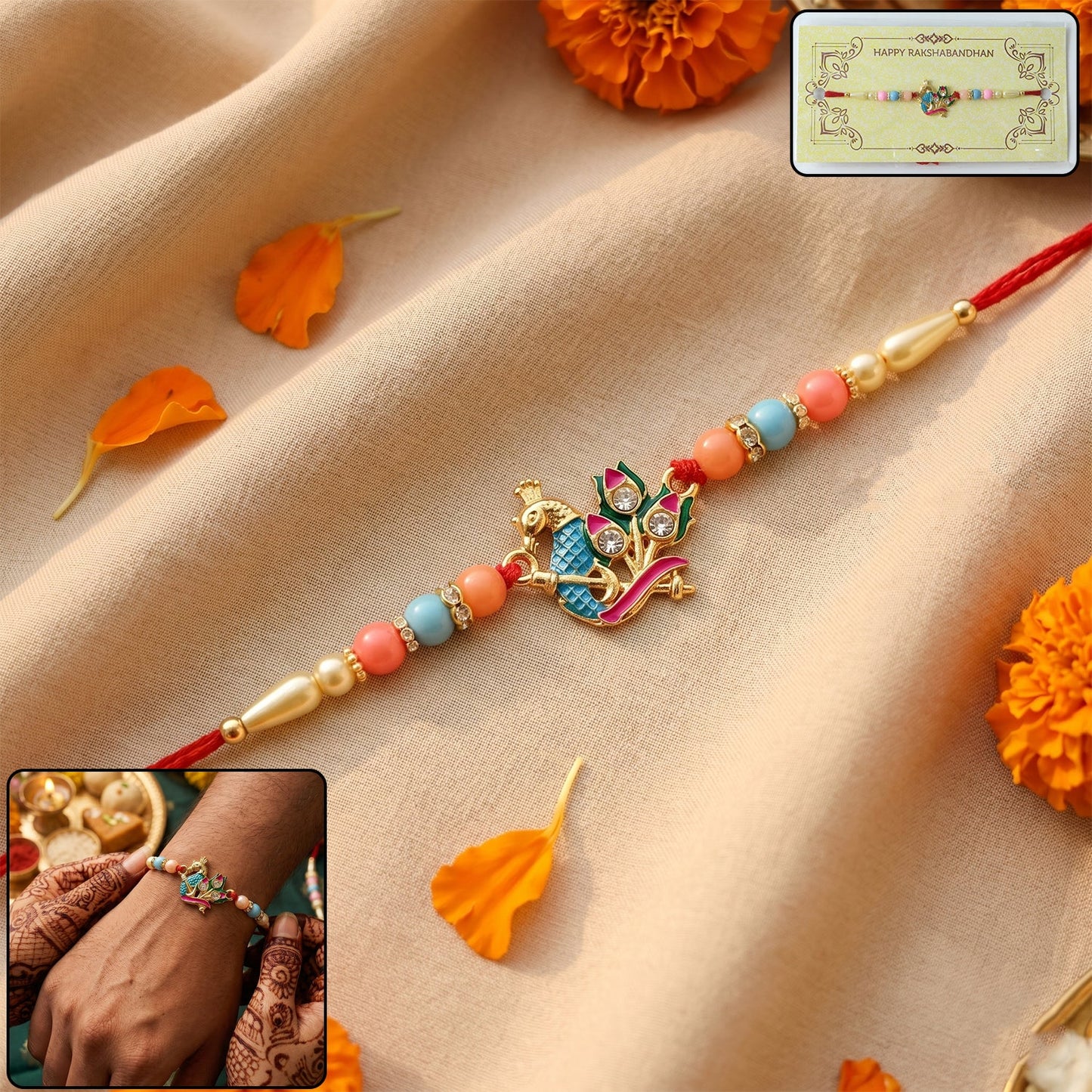 Designer Peacock Rakhi with Pastel Beads (1 Pc)