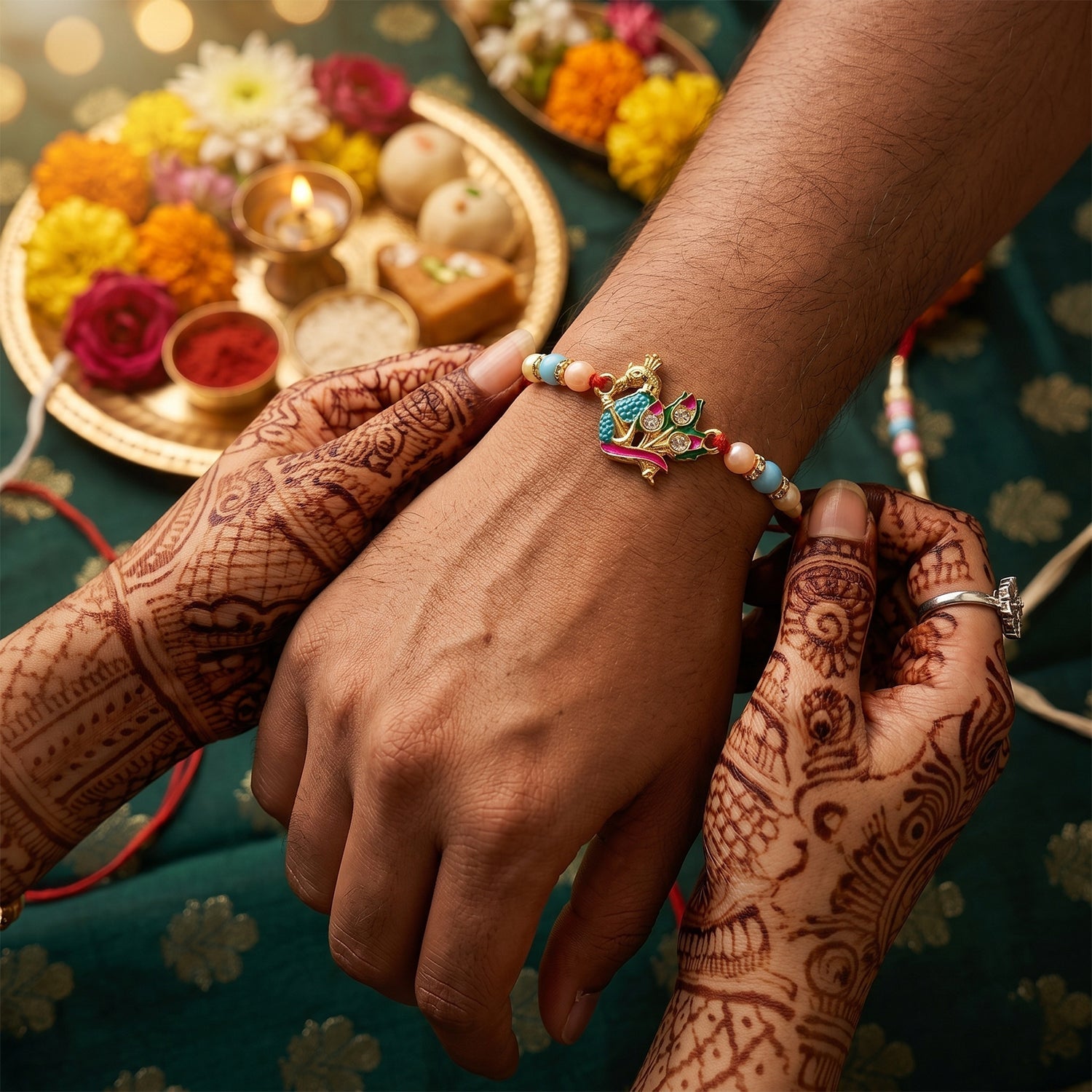 Designer Peacock Rakhi with Pastel Beads (1 Pc)