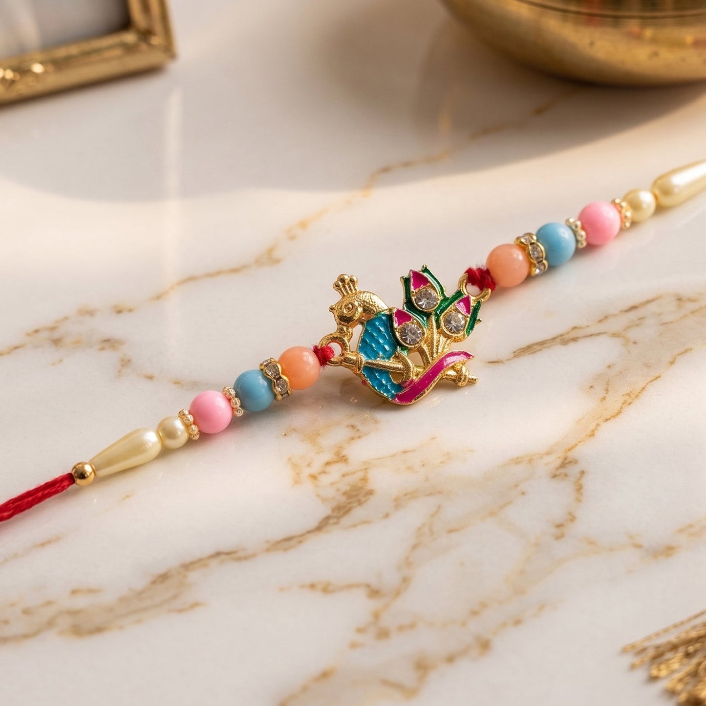 Designer Peacock Rakhi with Pastel Beads (1 Pc)