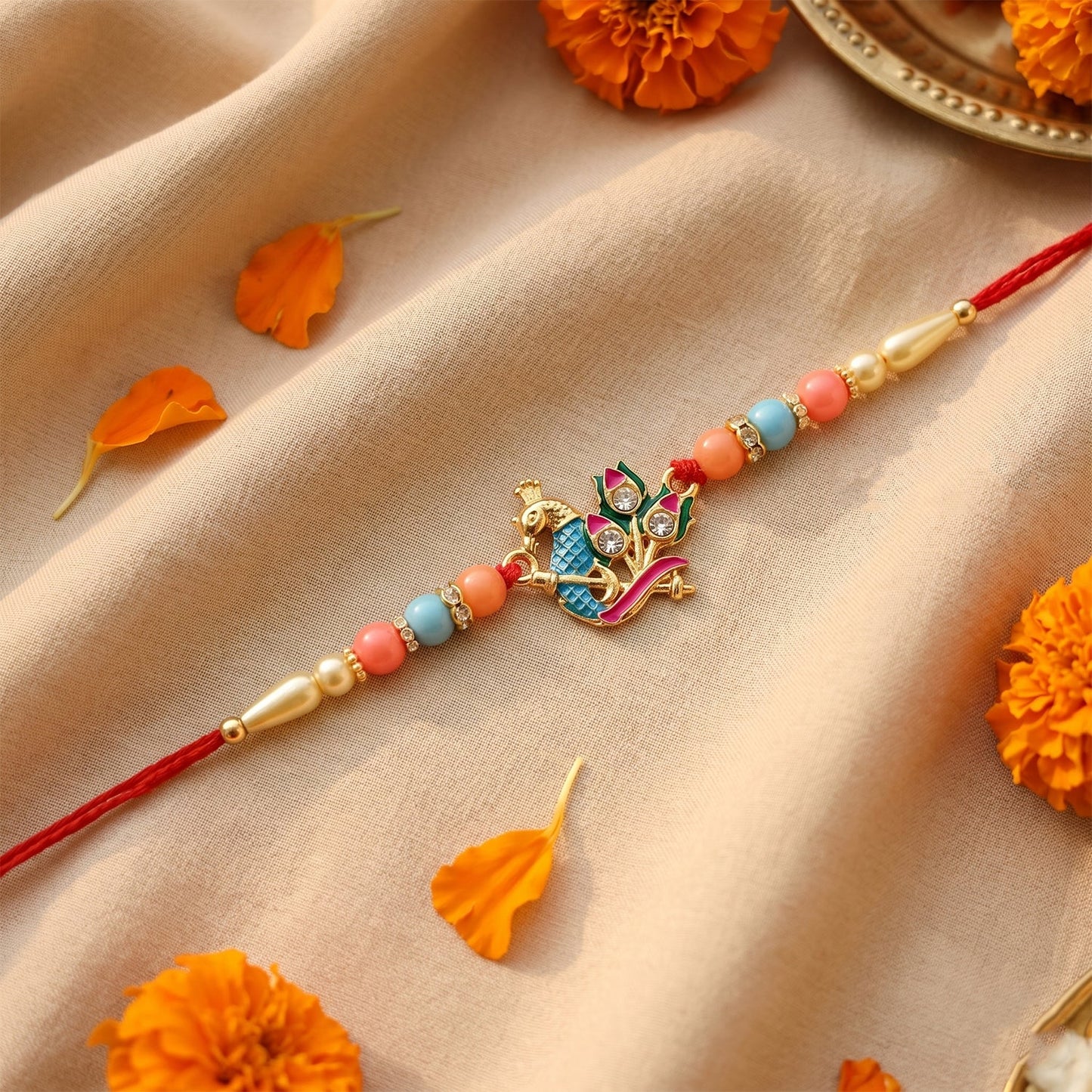 Designer Peacock Rakhi with Pastel Beads (1 Pc)