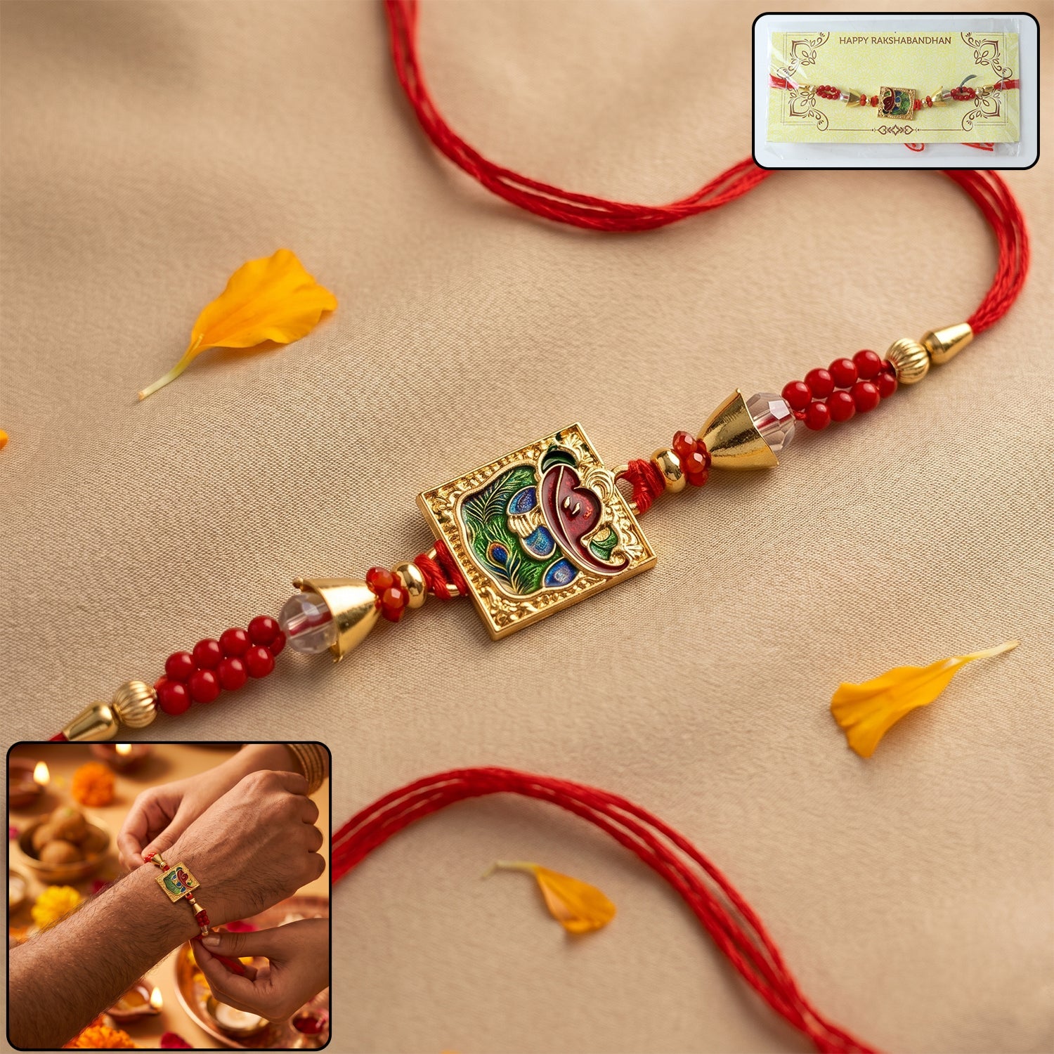 Traditional Square Motif Rakhi with Red Beads (1 Pc)