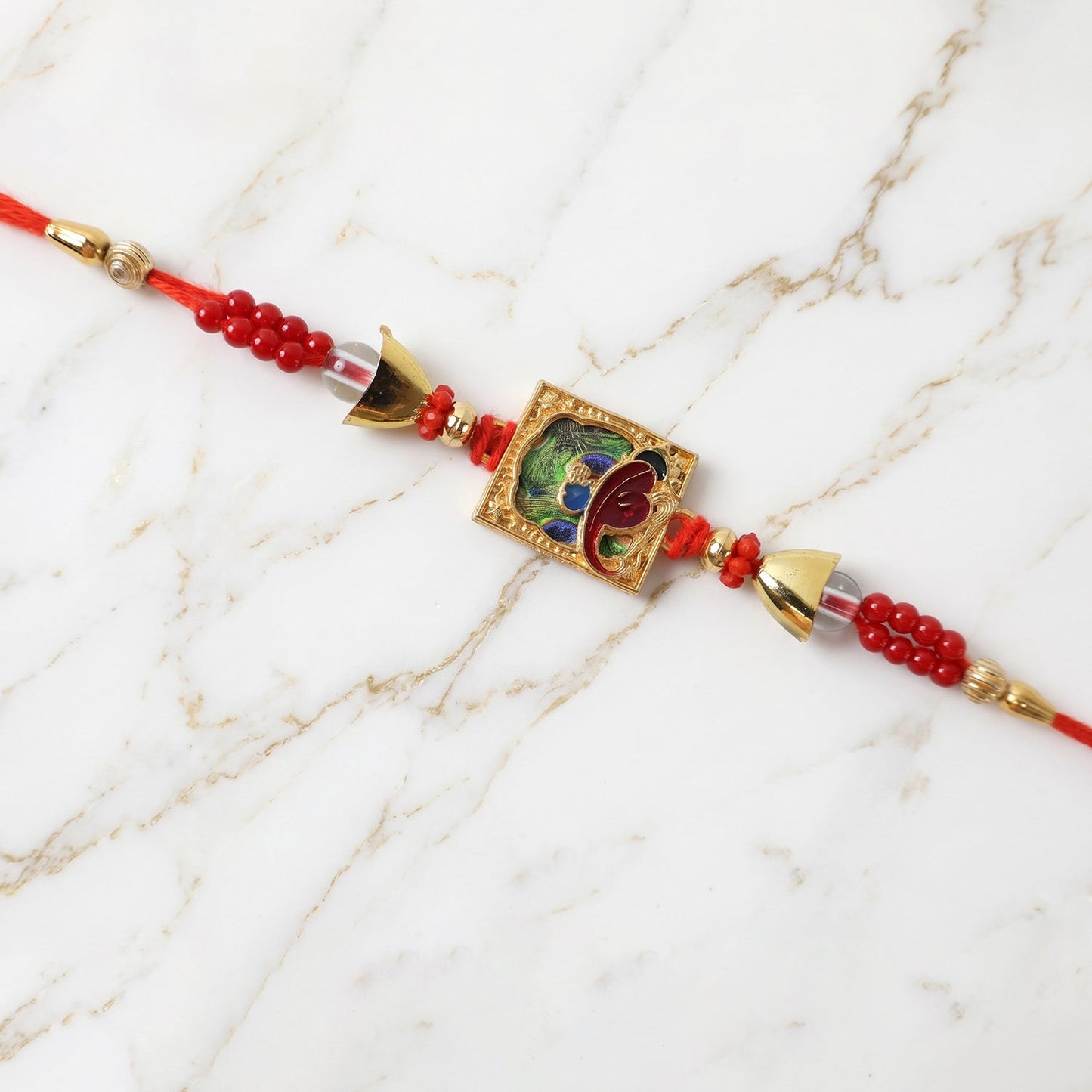 Traditional Square Motif Rakhi with Red Beads (1 Pc)