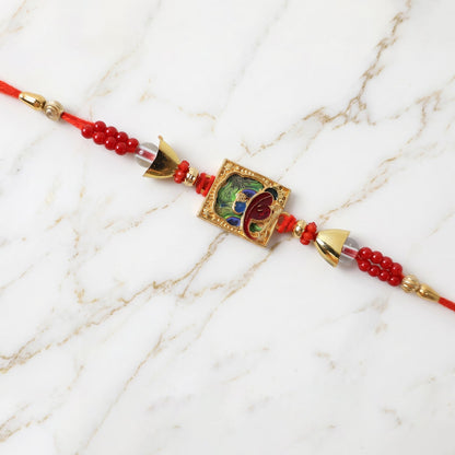 Traditional Square Motif Rakhi with Red Beads (1 Pc)