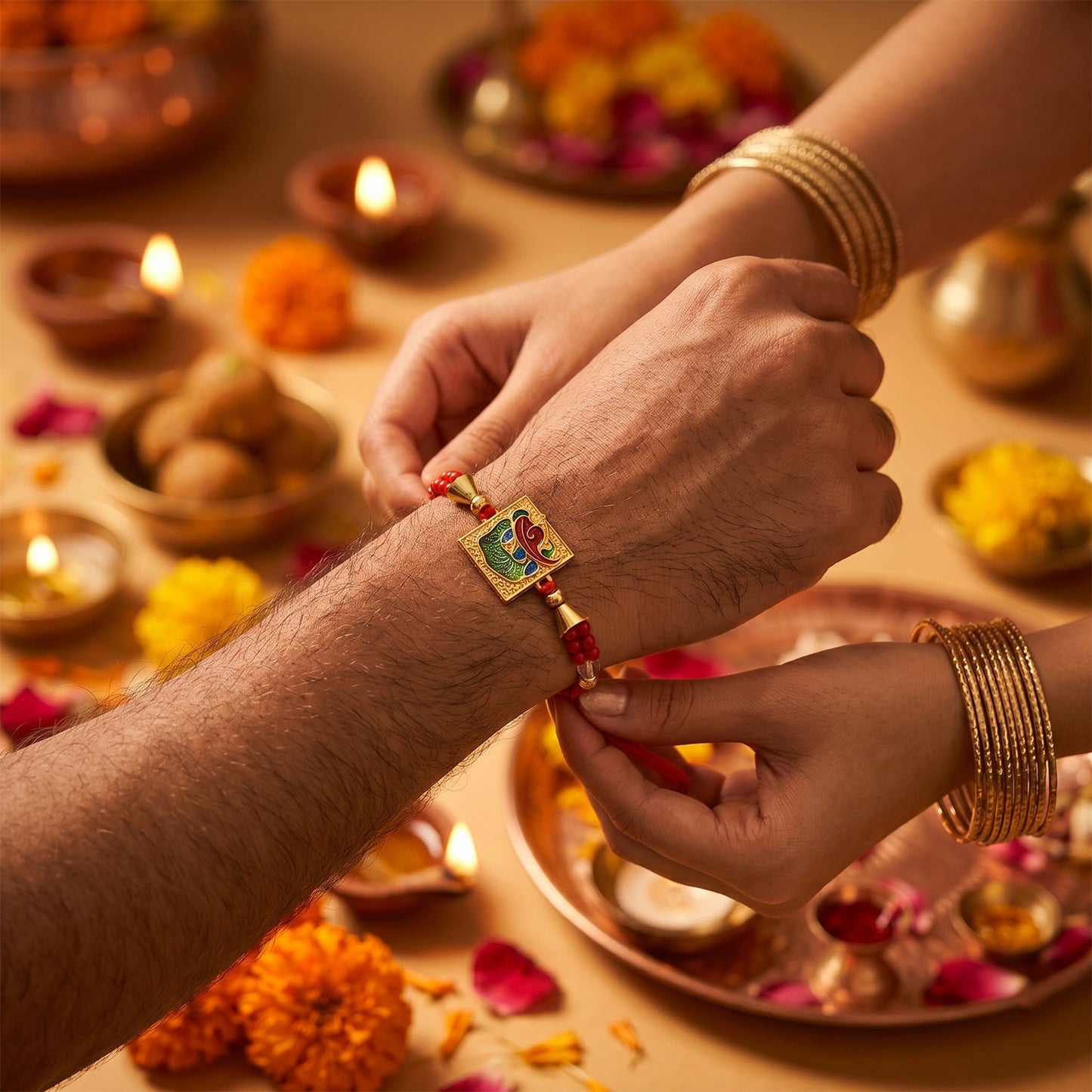 Traditional Square Motif Rakhi with Red Beads (1 Pc)