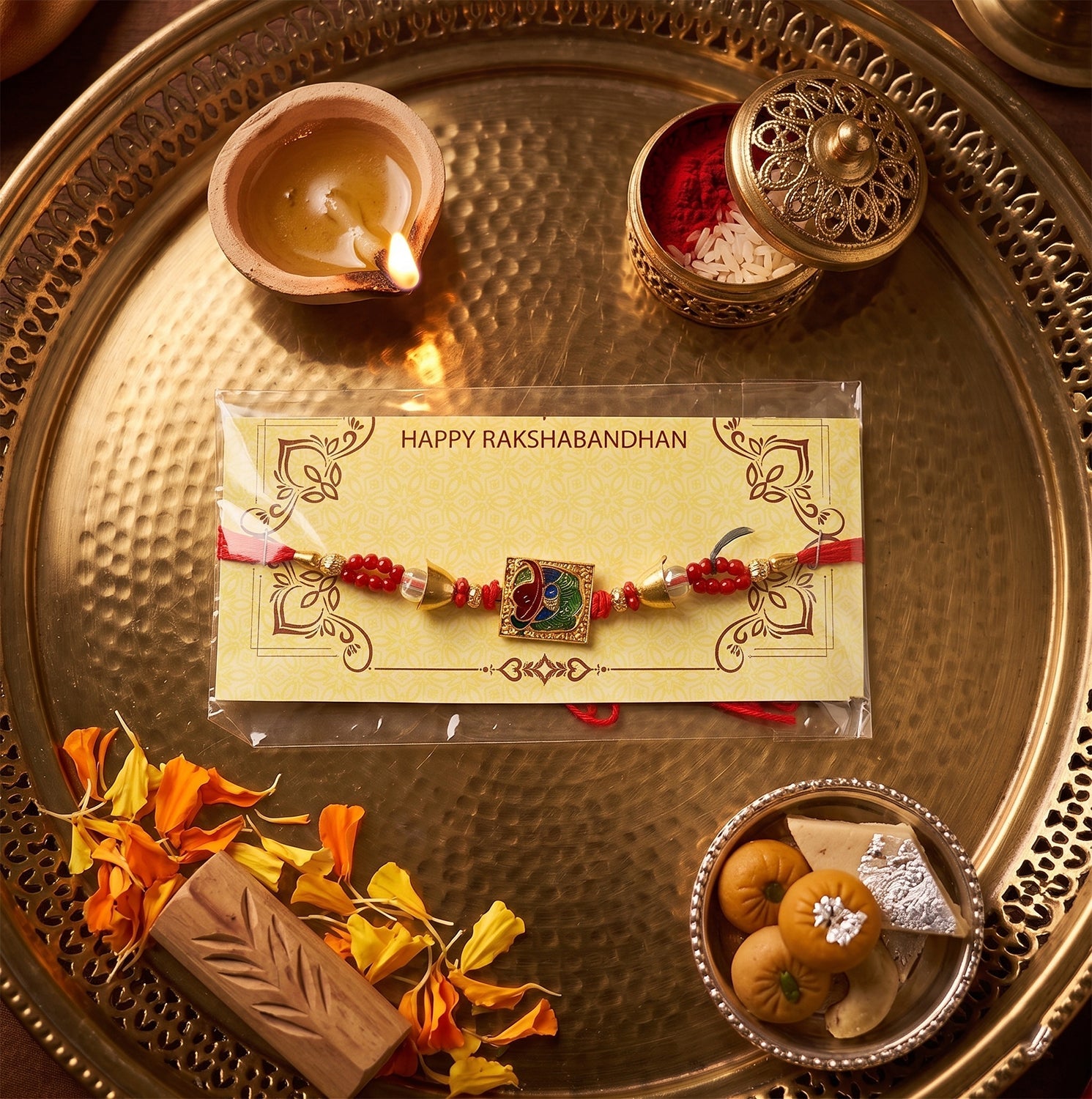 Traditional Square Motif Rakhi with Red Beads (1 Pc)