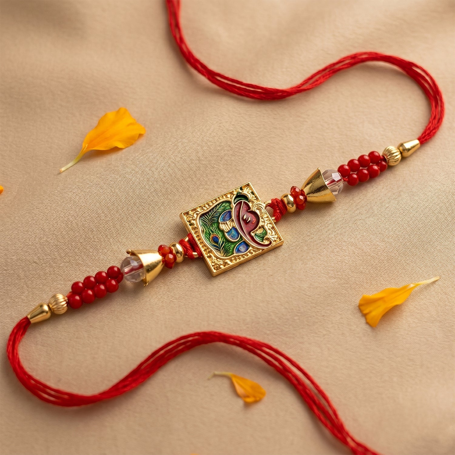 Traditional Square Motif Rakhi with Red Beads (1 Pc)