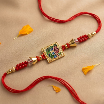 Traditional Square Motif Rakhi with Red Beads (1 Pc)