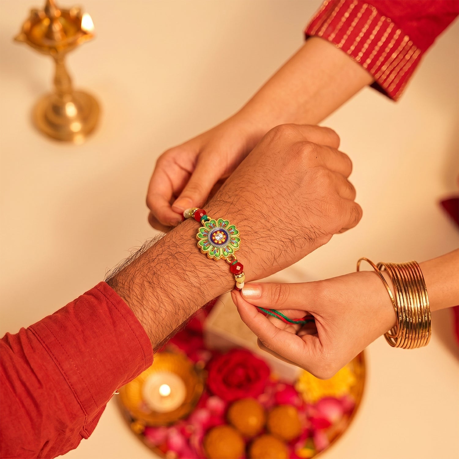 Floral Round Design Rakhi with Colorful Beads (1 Pc)
