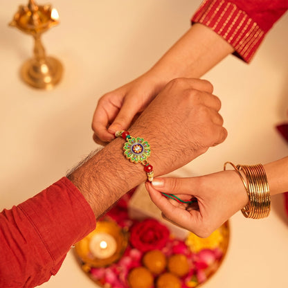 Floral Round Design Rakhi with Colorful Beads (1 Pc)