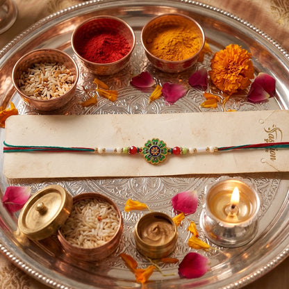 Floral Round Design Rakhi with Colorful Beads (1 Pc)