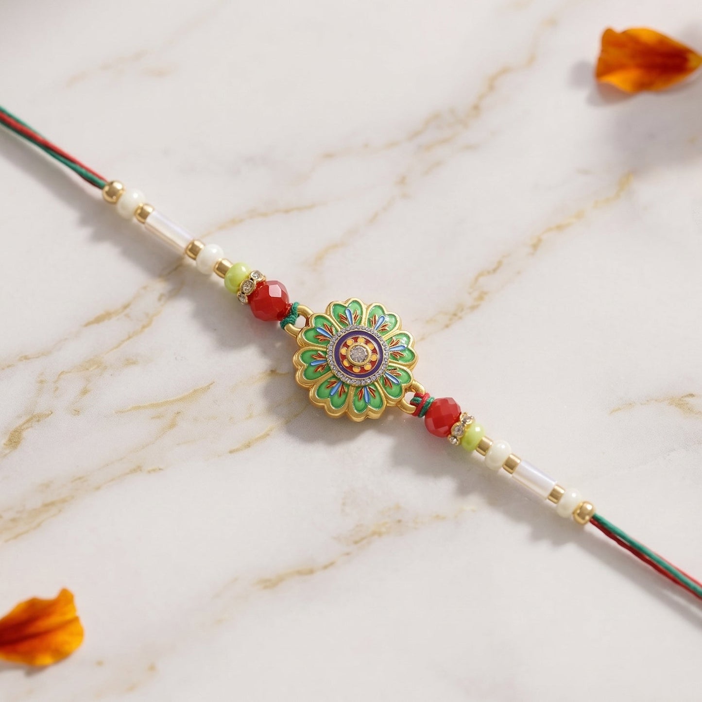 Floral Round Design Rakhi with Colorful Beads (1 Pc)