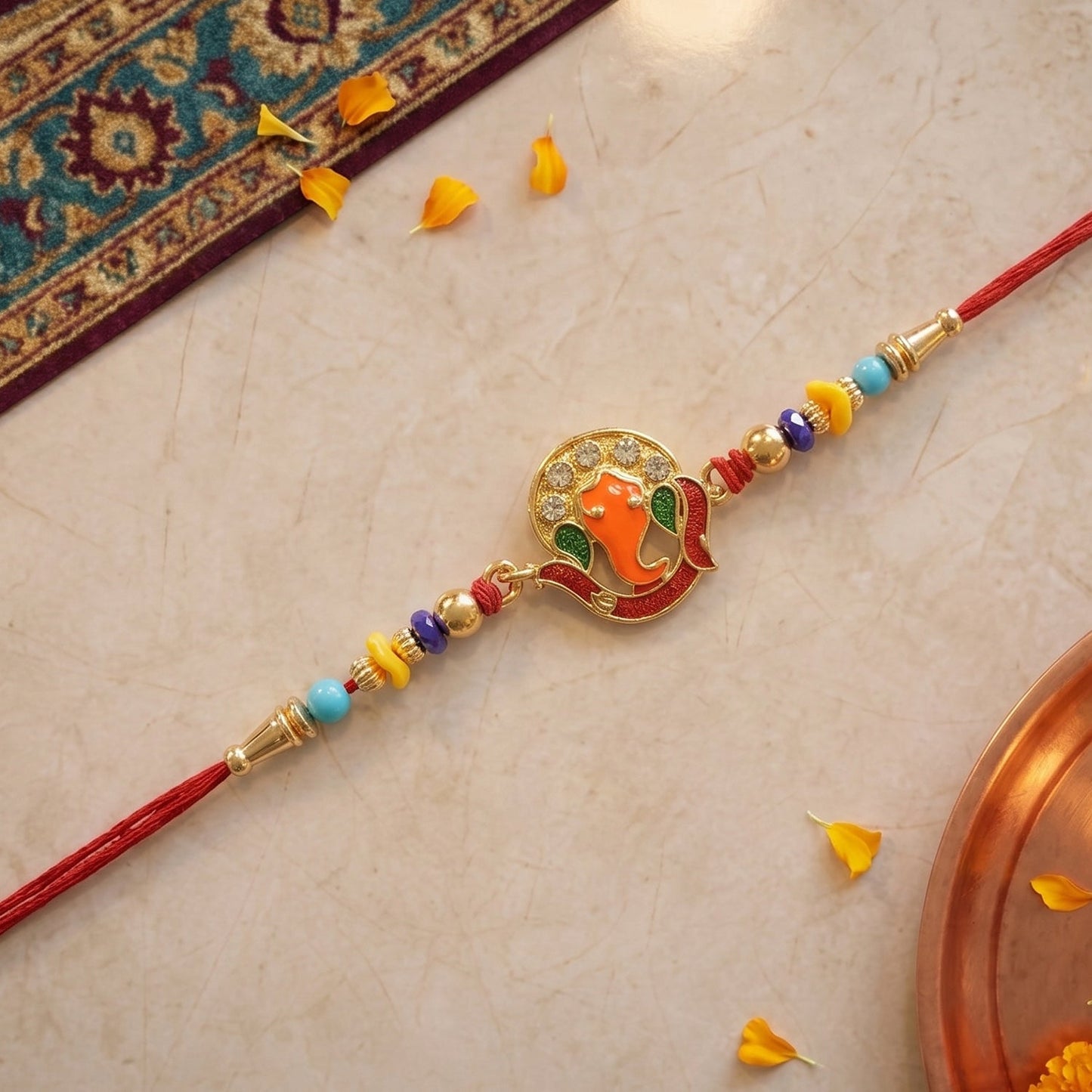 Traditional decorative beads on Rakhi thread