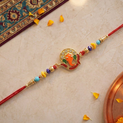 Traditional decorative beads on Rakhi thread