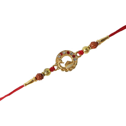 Golden Peacock Rakhi showcasing lightweight and comfortable thread