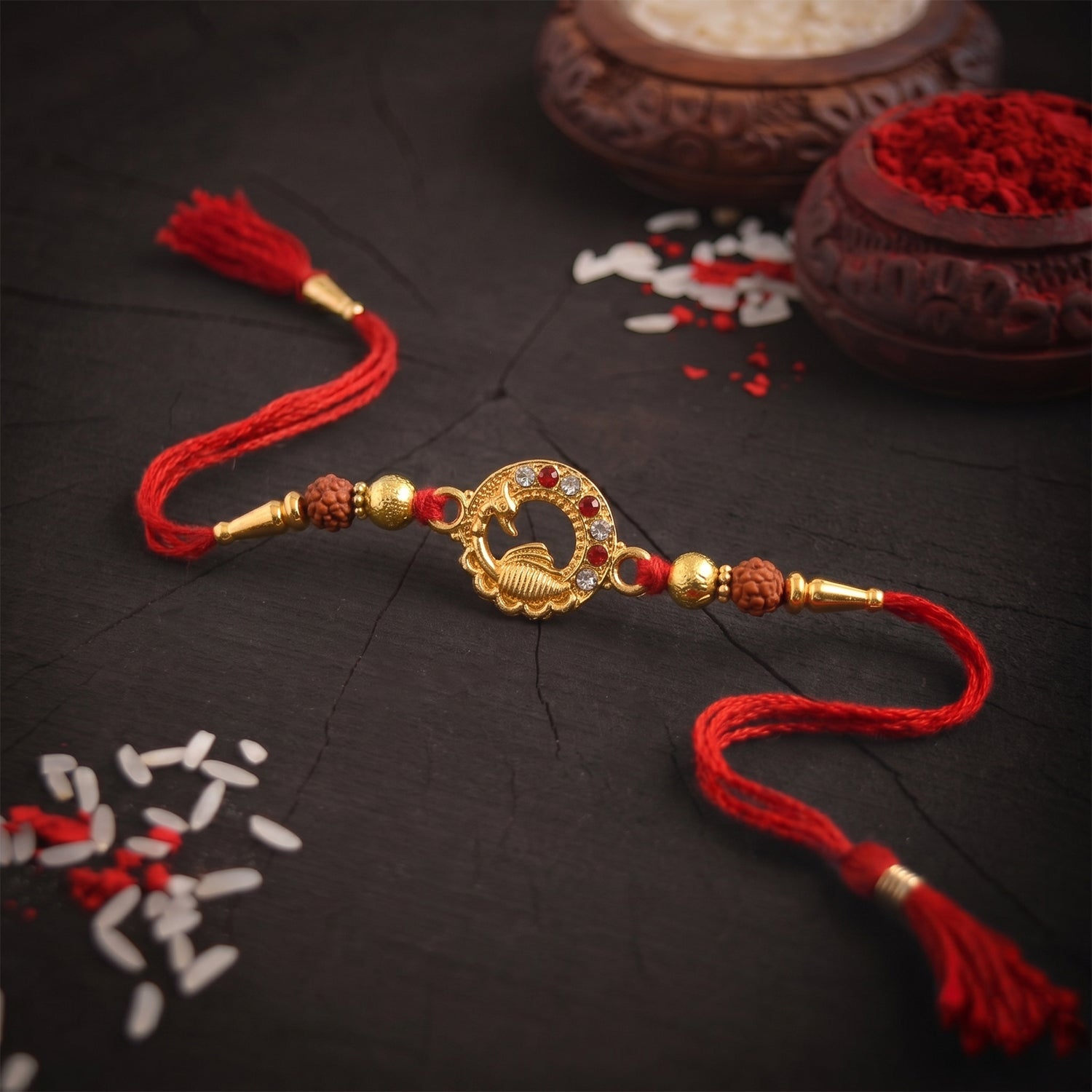 Traditional golden peacock design Rakhi with Rudraksha beads