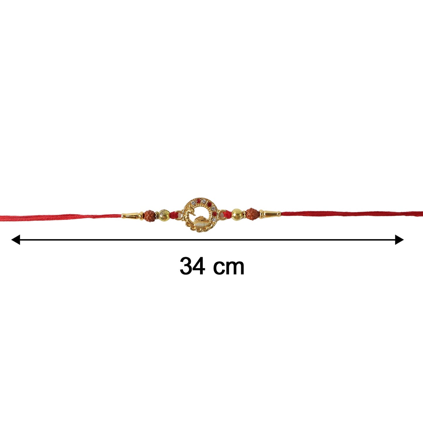 Festive-themed Golden Peacock Rakhi with rich bead decor