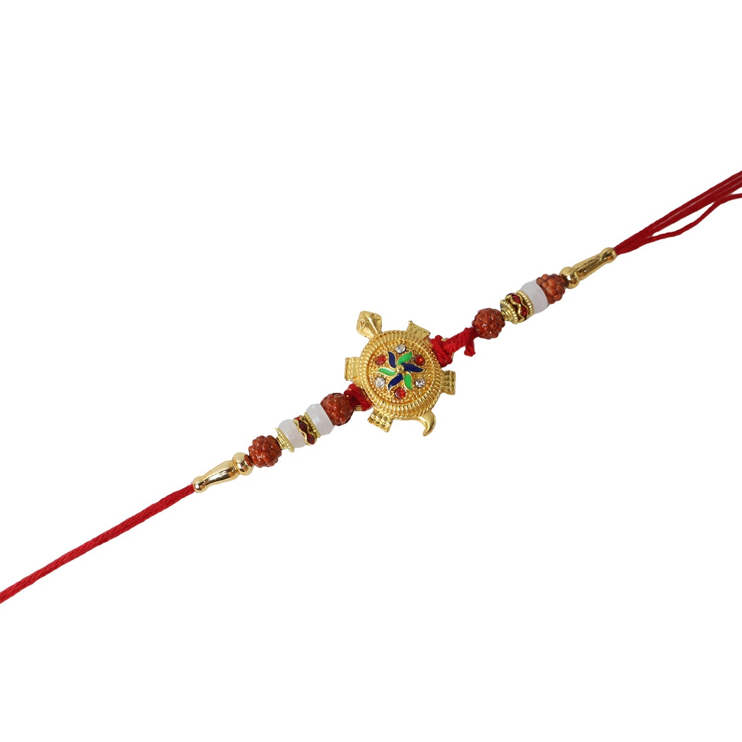 Soft thread and bead details of traditional turtle Rakhi