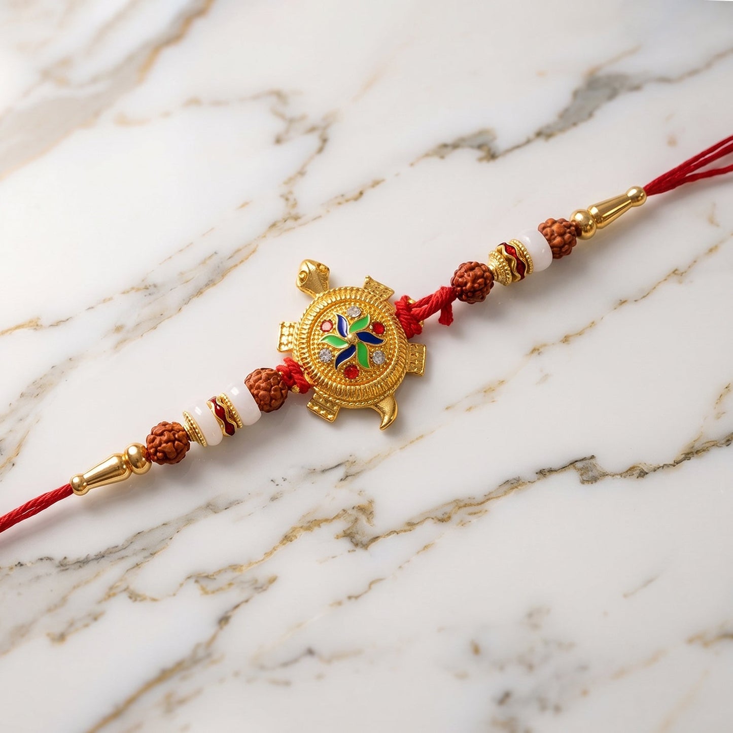 Turtle design Rakhi placed on a decorative background