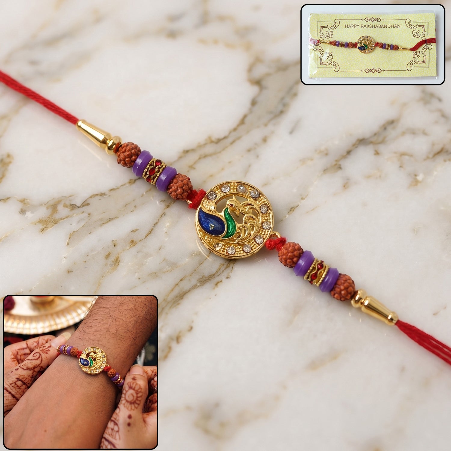 Peacock Design Rakhi with Rudraksha Beads close-up