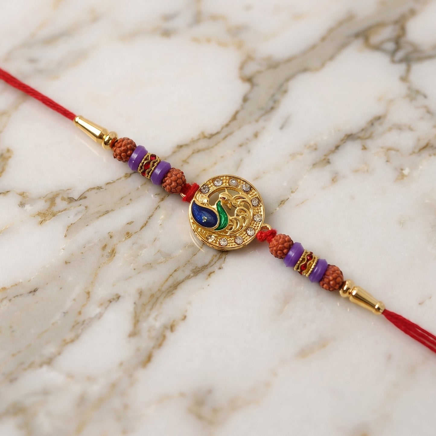 Detailed view of Rudraksha beads on Rakhi