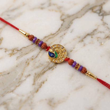 Detailed view of Rudraksha beads on Rakhi