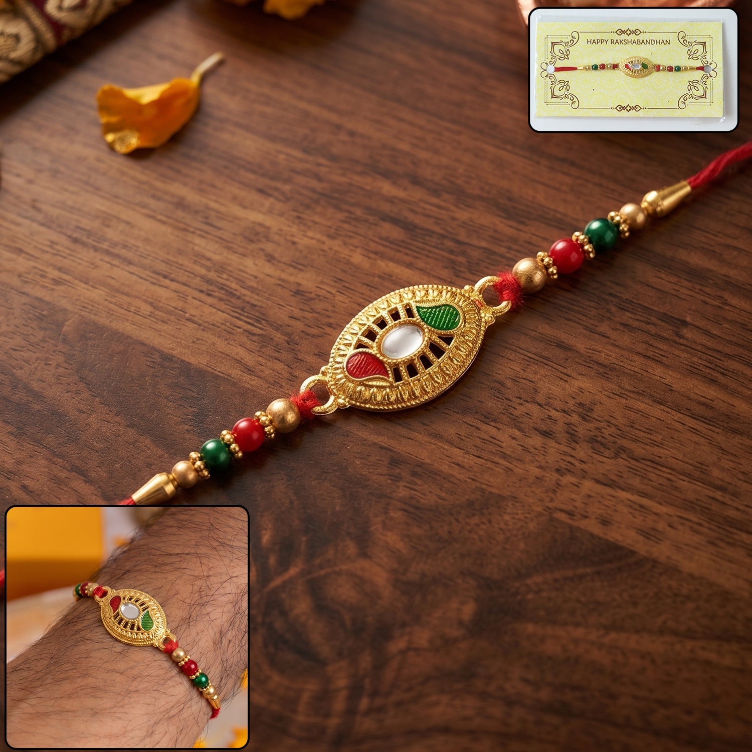 Golden Oval Design Rakhi with Colorful Beads (1 Pc)