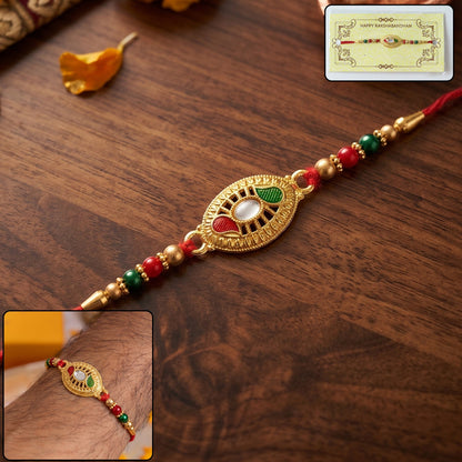 Golden Oval Design Rakhi with Colorful Beads (1 Pc)