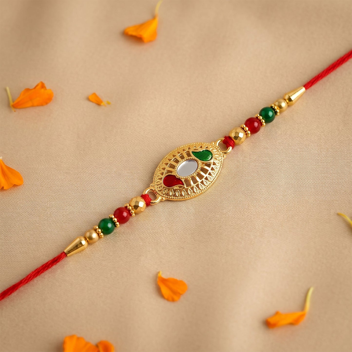 Golden Oval Design Rakhi with Colorful Beads (1 Pc)
