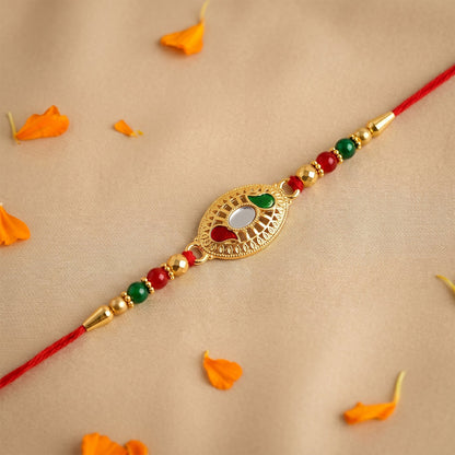 Golden Oval Design Rakhi with Colorful Beads (1 Pc)