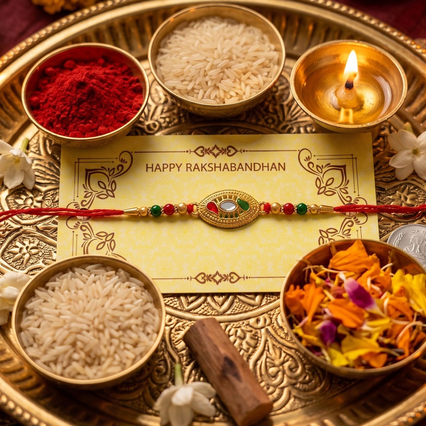 Golden Oval Design Rakhi with Colorful Beads (1 Pc)
