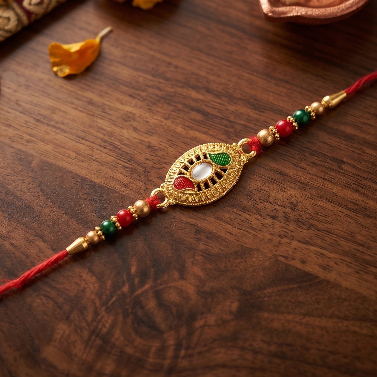 Golden Oval Design Rakhi with Colorful Beads (1 Pc)