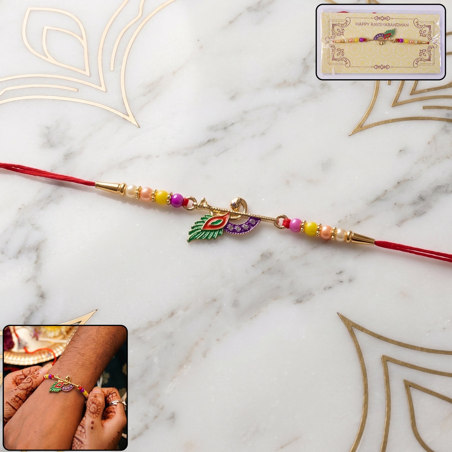 Peacock Feather Flute Design Rakhi with Beads (1 Pc)