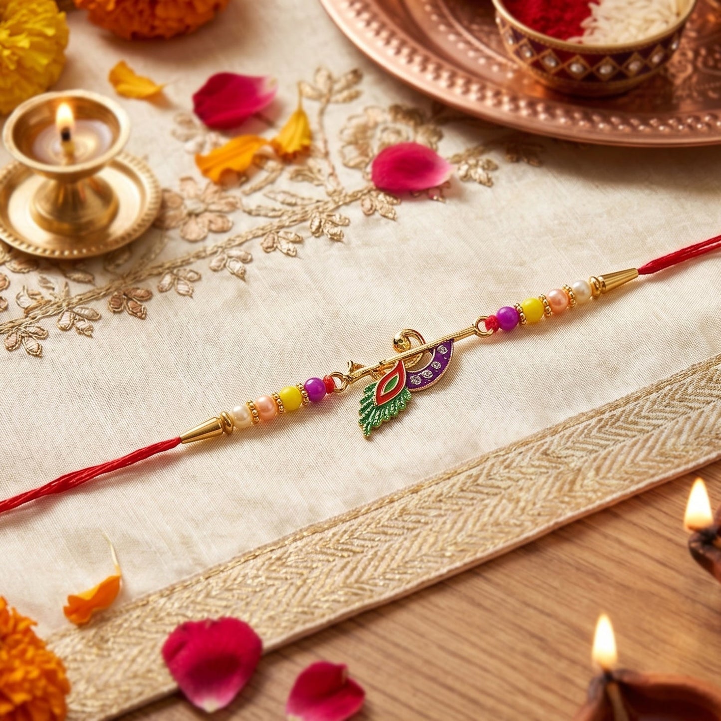 Peacock Feather Flute Design Rakhi with Beads (1 Pc)